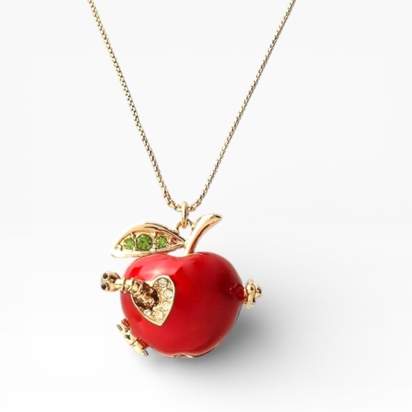 Betsey Johnson Jewelry - Betsey Johnson Red Apple Locket Necklace Bookworm Slider Charm Authentic New